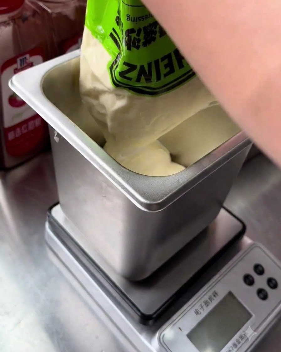 De la mayonnaise blanche pressée dun sachet commercial dans un récipient carré propre en métal.