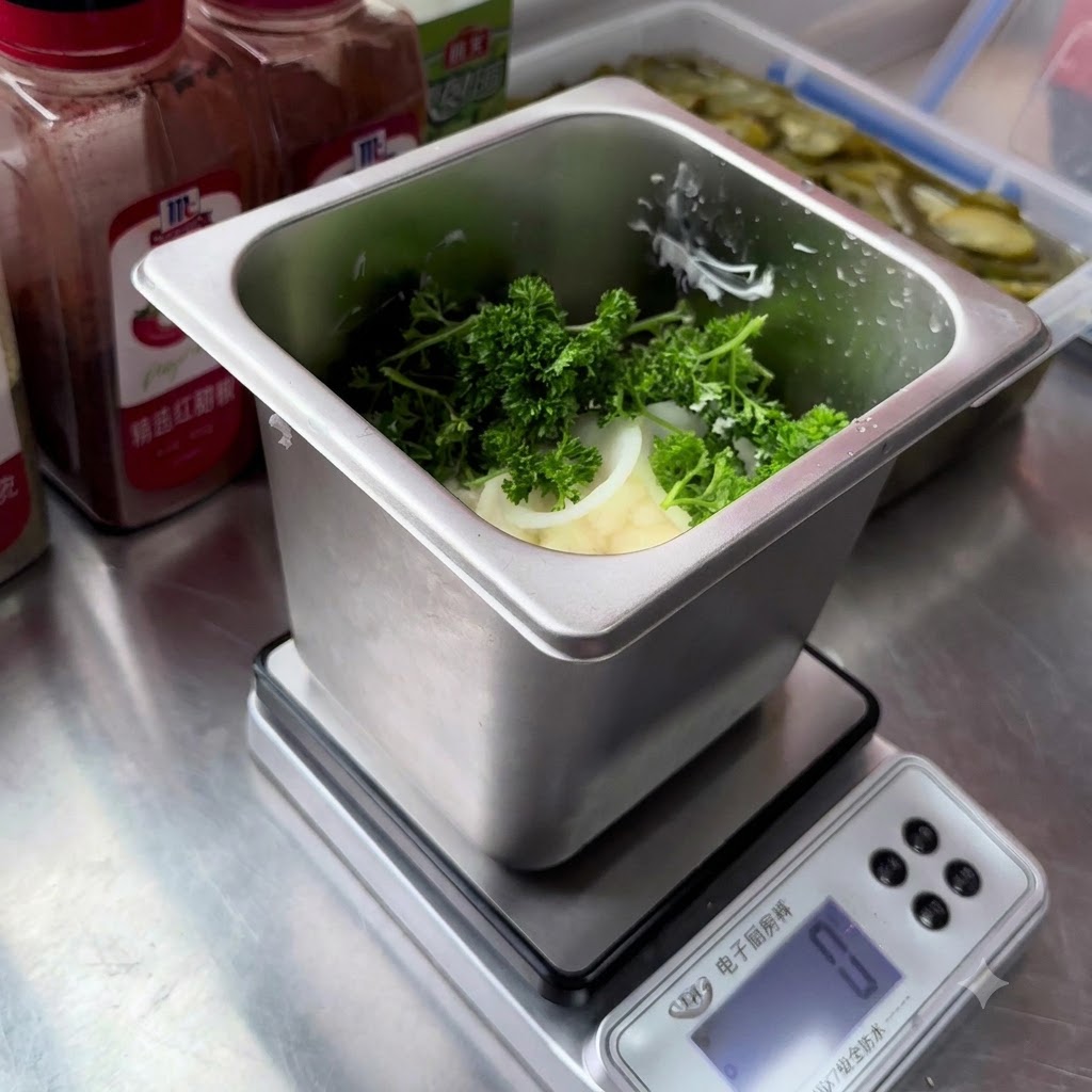 Du persil frais, des oignons blancs émincés et des tranches de cornichons reposant sur une base de mayonnaise dans un récipient en acier inoxydable.