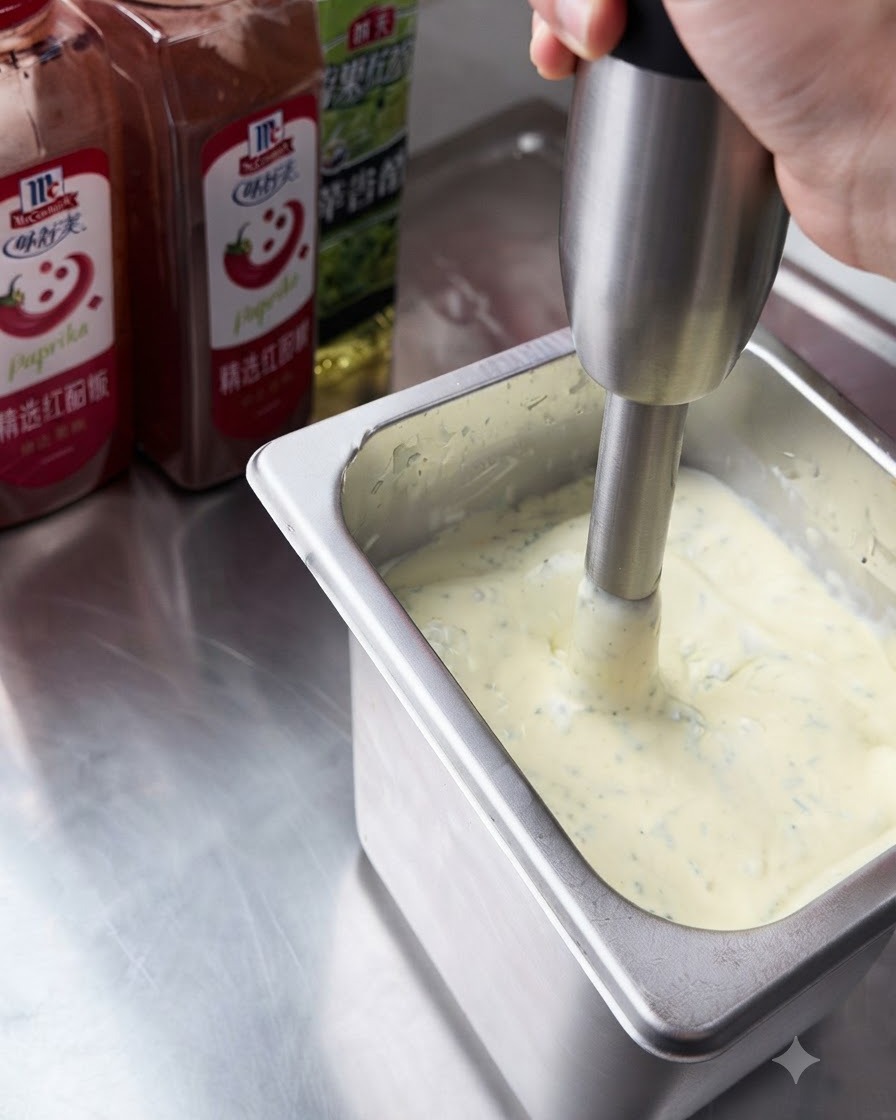 Un mixeur plongeant utilisé à lintérieur dun récipient en acier inoxydable pour mélanger la sauce tartare crémeuse et les herbes vertes.
